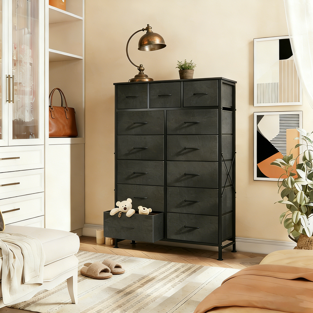 13-Drawer Tall Dresser, Rustic Brown Fabric Drawer Storage Tower, view 2