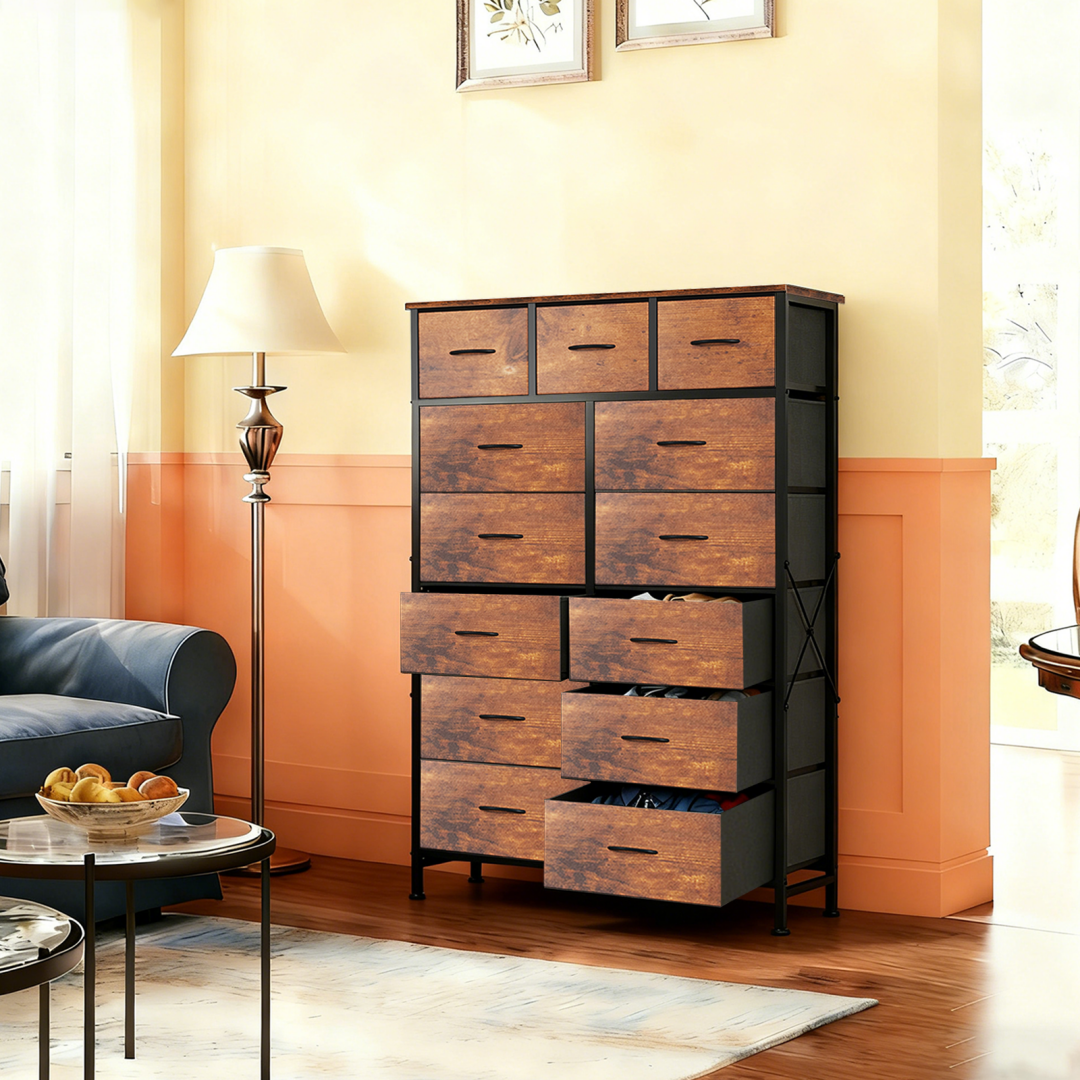 13-Drawer Tall Dresser, Rustic Brown Fabric Drawer Storage Tower