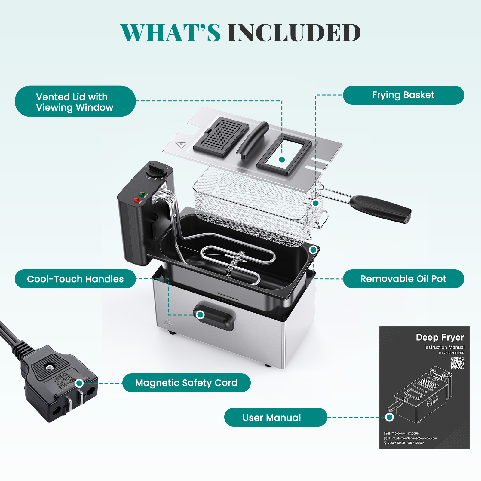 Stainless Steel Deep Fryer 1500W with Observation Window & Oil Drain Basket