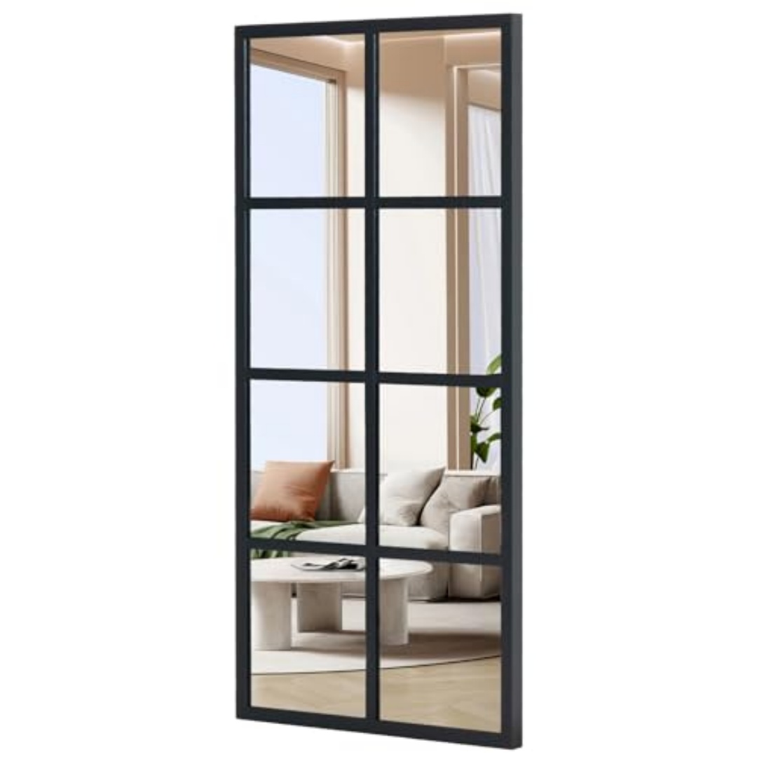 Window Pane Mirror, Rectangular Decorative Wall Mirror, Black Metal Frame Grid Mirror