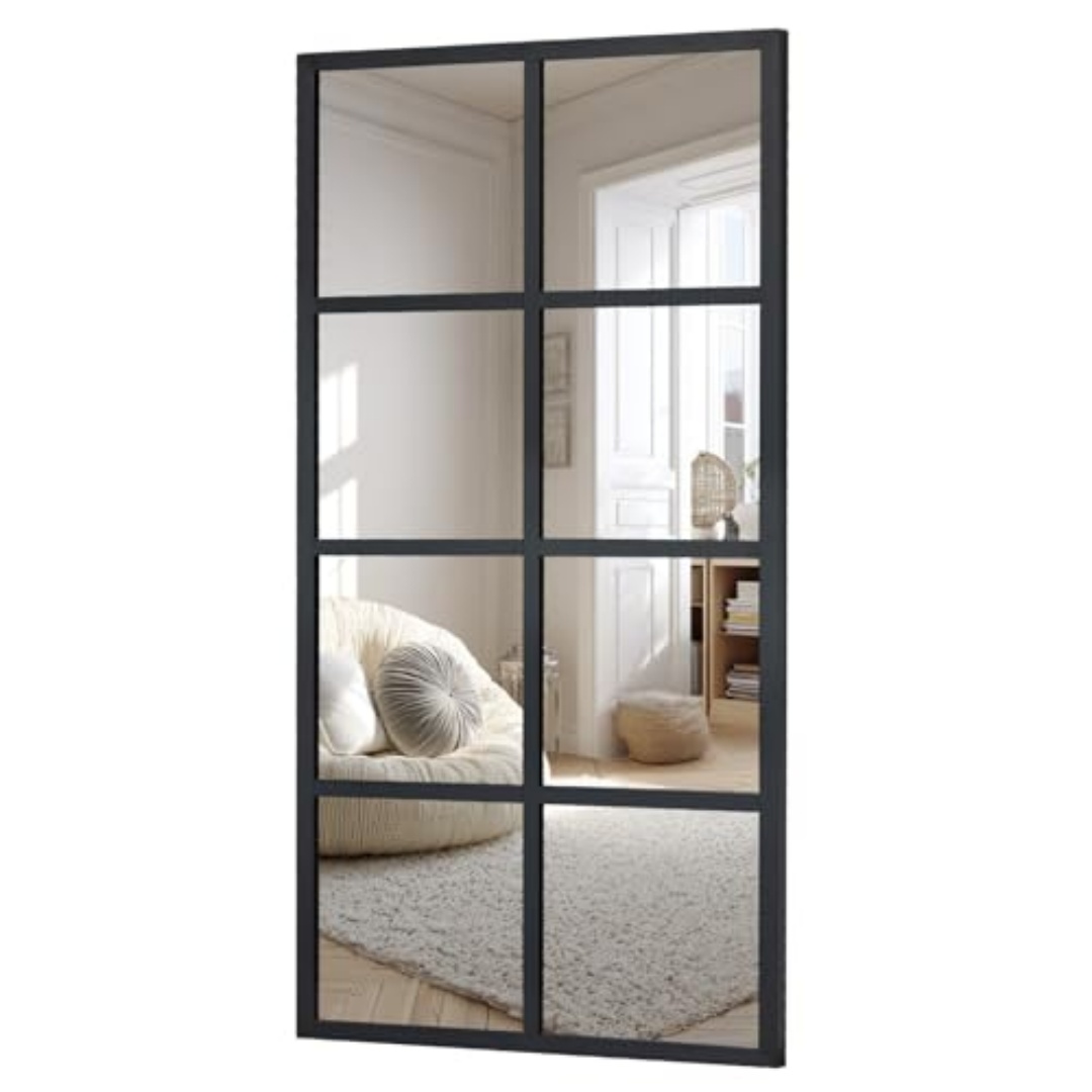 Black Grid Window Pane Wall Mirror — 8-Pane Rectangular Metal Frame, view 2