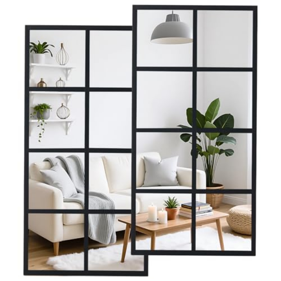Black Grid Window Pane Wall Mirror — 8-Pane Rectangular Metal Frame, view 3