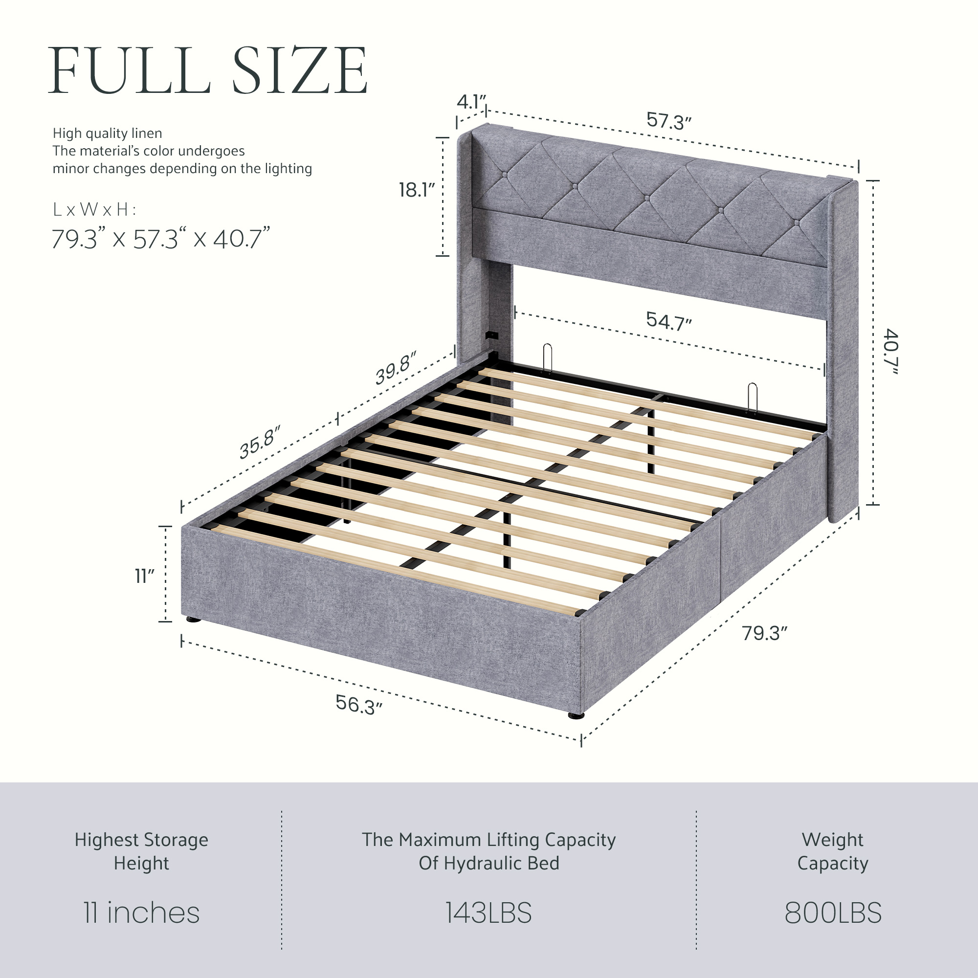 Hydraulic Lift Storage Bed Frame With Tufted Wingback Headboard, Grey, view 2
