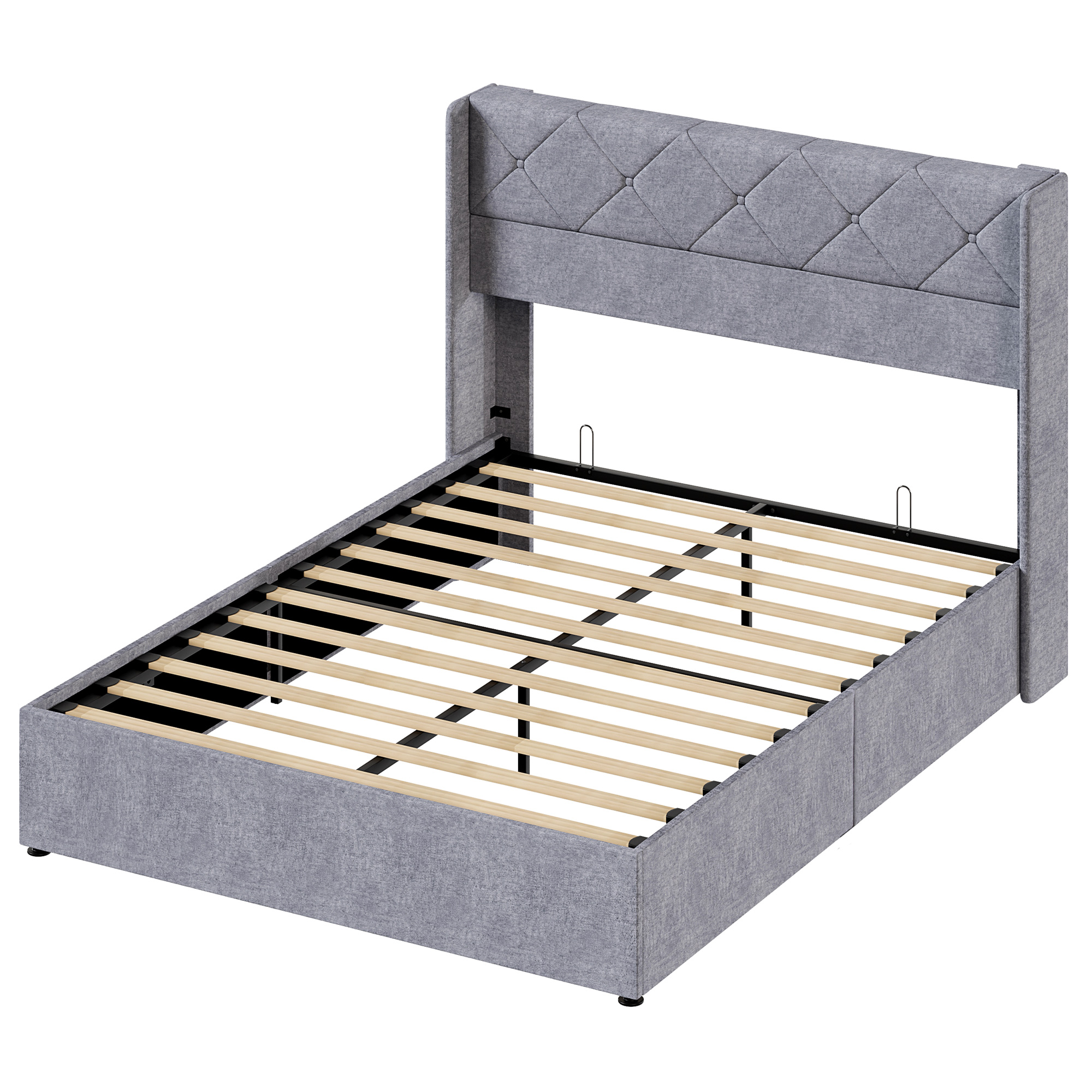 Hydraulic Lift Storage Bed Frame With Tufted Wingback Headboard, Grey, view 4
