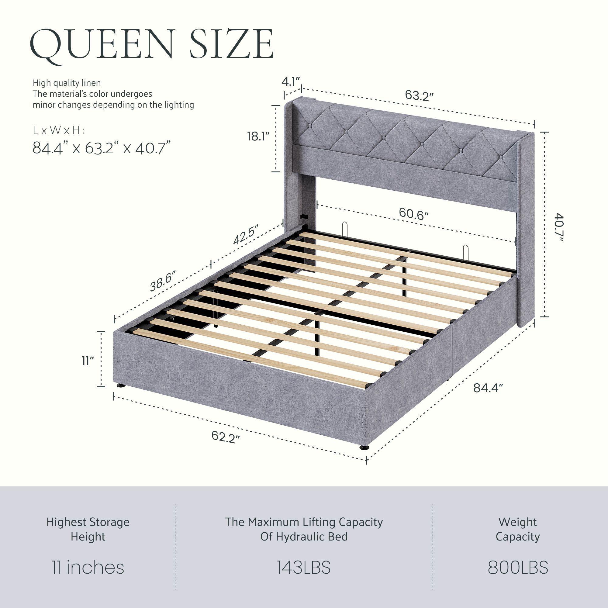 Hydraulic Lift Storage Bed Frame With Tufted Wingback Headboard, Grey, view 3