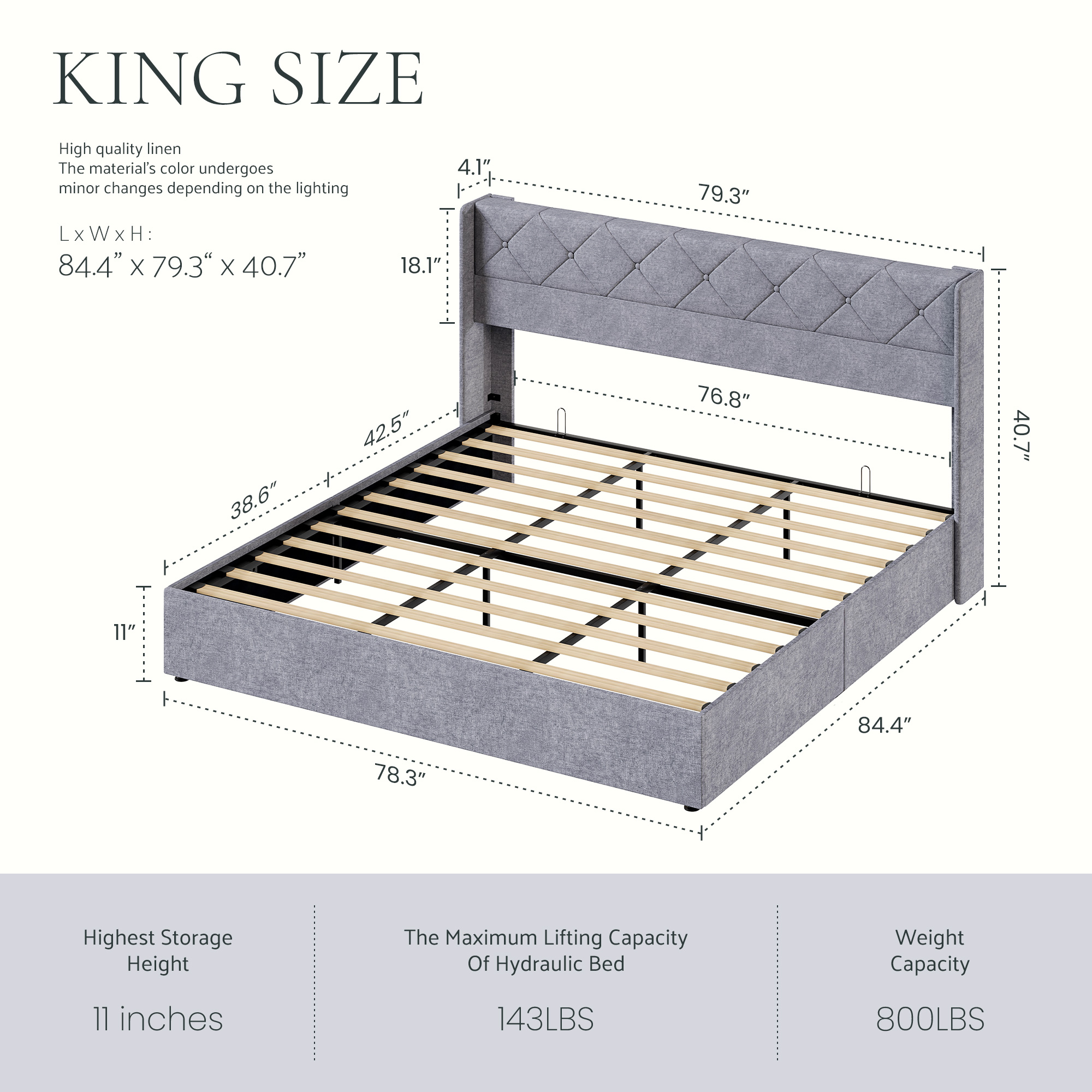 Hydraulic Lift Storage Bed Frame With Tufted Wingback Headboard, Grey, view 5