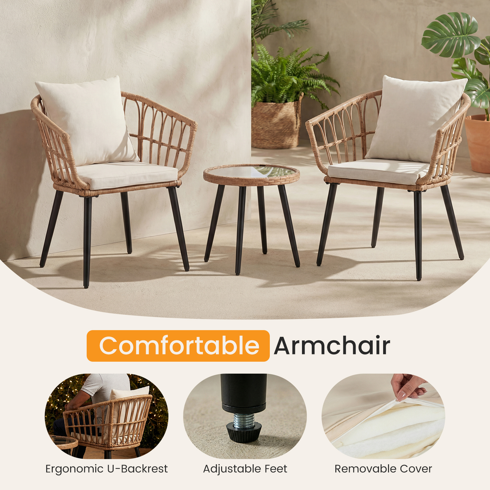 Terrace Furniture Set – Steel Frame Chairs, Bulletproof Glass Table, Washable Cushions