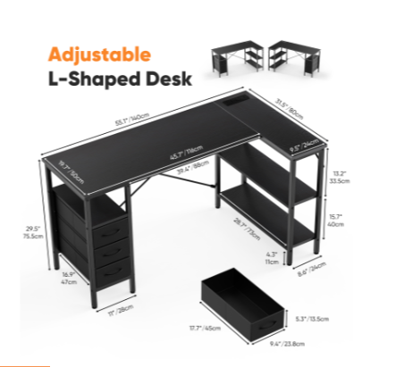 Corner Gaming & Office Desk – Built‑In Monitor Shelf, 3 Drawers, USB & Power Hub, view 4