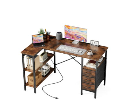Corner Gaming & Office Desk – Built‑In Monitor Shelf, 3 Drawers, USB & Power Hub
