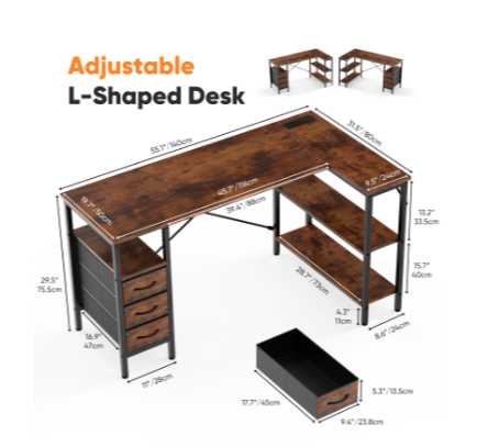 Corner Gaming & Office Desk – Built‑In Monitor Shelf, 3 Drawers, USB & Power Hub, view 3