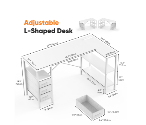 Corner Gaming & Office Desk – Built‑In Monitor Shelf, 3 Drawers, USB & Power Hub, view 2