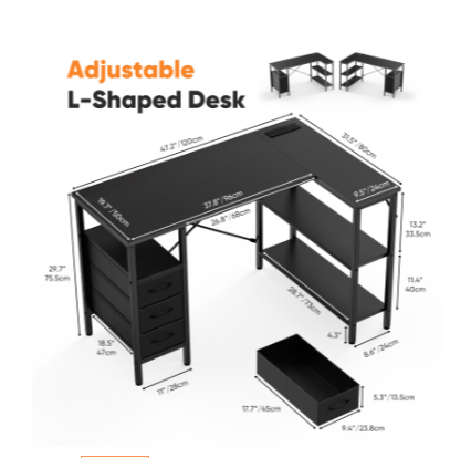 Corner Gaming & Office Desk – Built‑In Monitor Shelf, 3 Drawers, USB & Power Hub, view 7