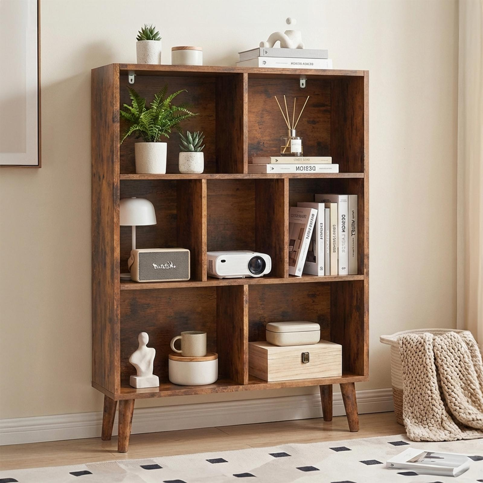 Wooden Cubic Bookshelf 3‑Tier Open Storage with Metal Legs, view 2