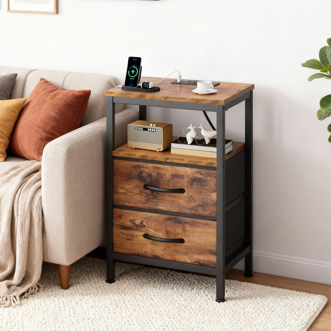 Charging Station Nightstand With 2 Fabric Drawers and Open Shelf
