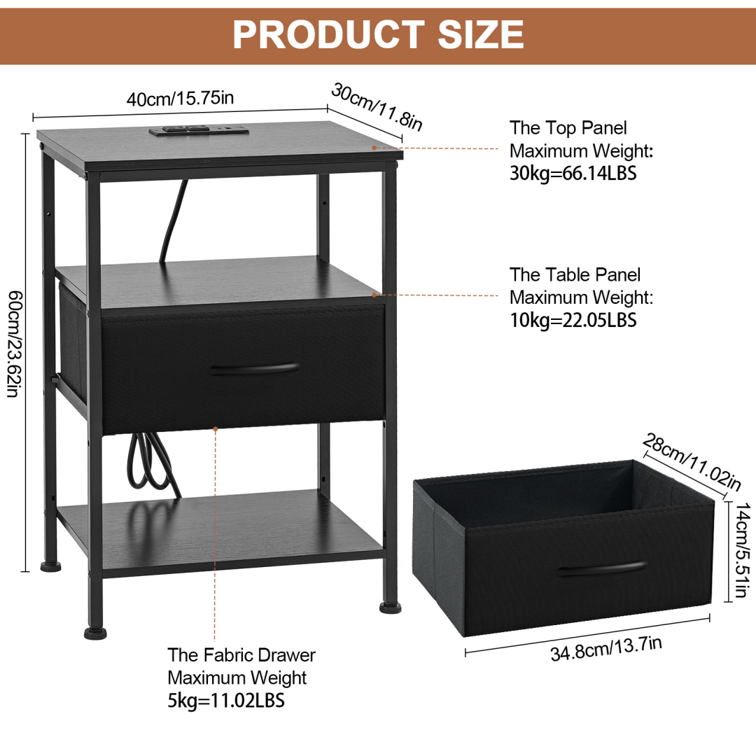 Bedside Table with Built‑In USB, AC & Type‑C Ports, Adjustable Drawers, view 2