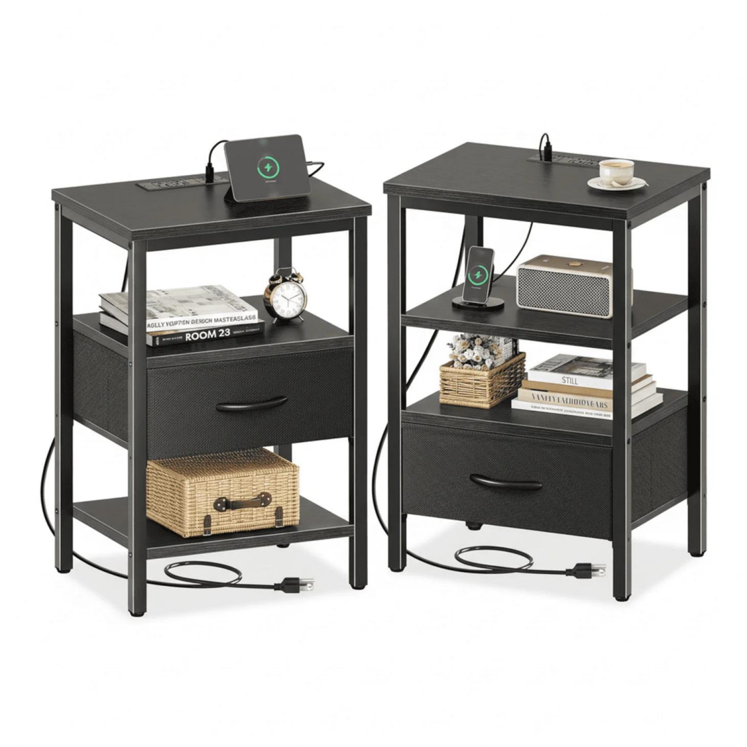 Bedside Table with Built‑In USB, AC & Type‑C Ports, Adjustable Drawers