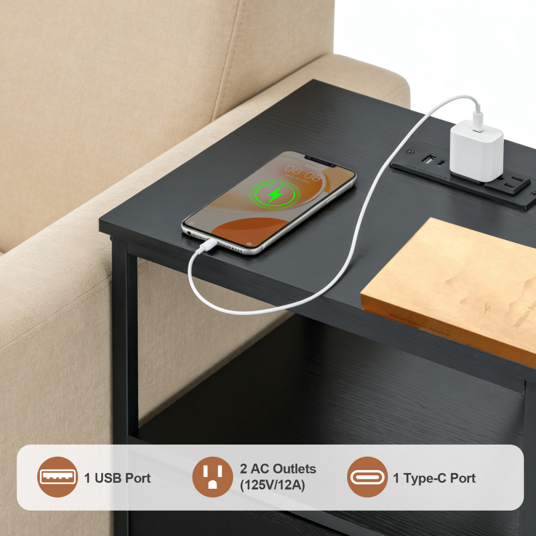 Bedside Table with Built‑In USB, AC & Type‑C Ports, Adjustable Drawers, view 8