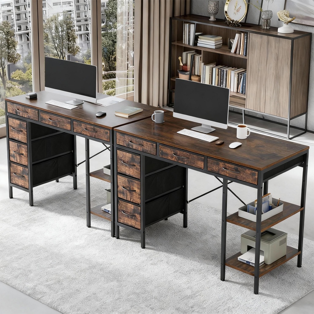 55" Computer Desk with 6 Drawers, Adjustable Shelves, Sturdy Metal Frame, view 3