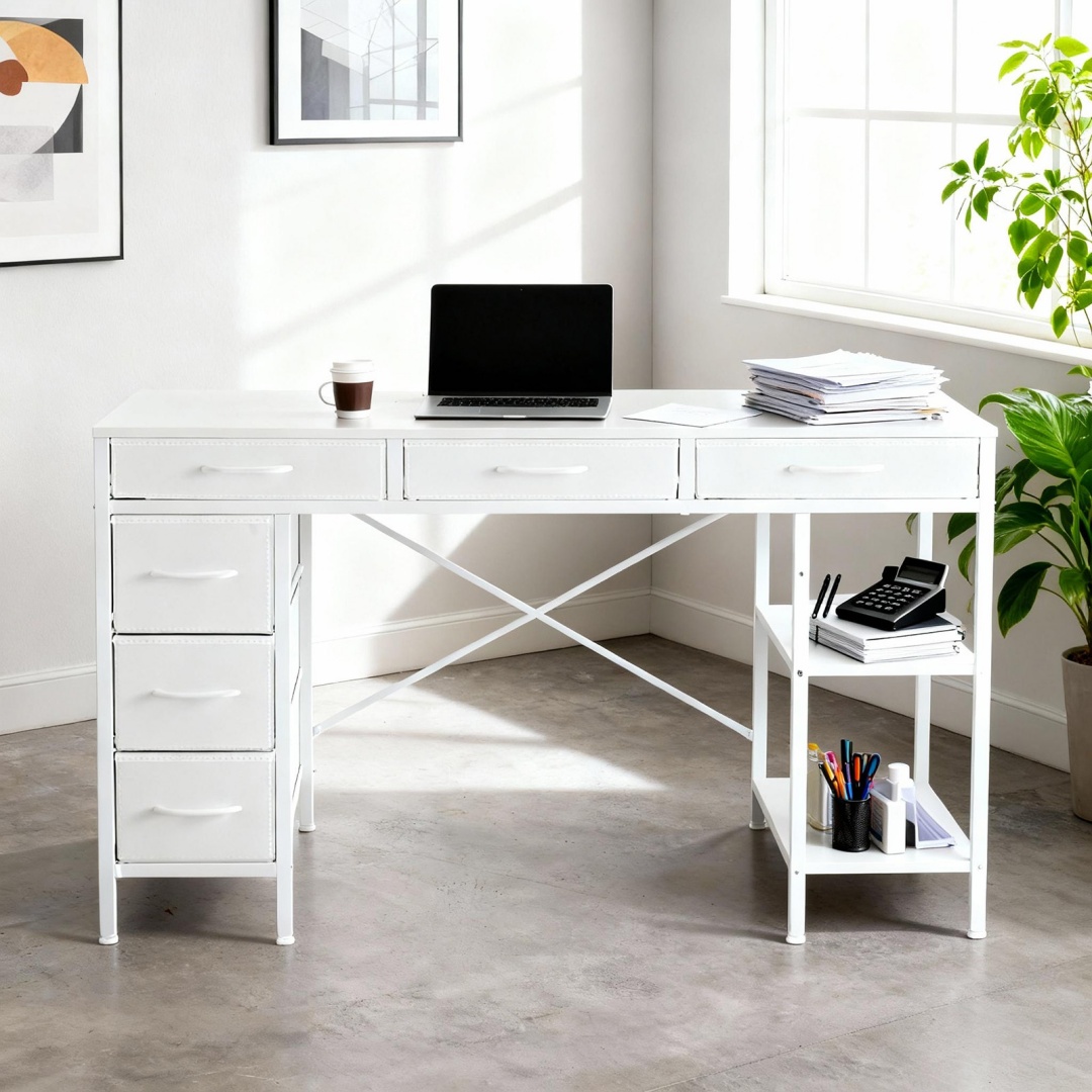 55" Computer Desk with 6 Drawers, Adjustable Shelves, Sturdy Metal Frame, view 4