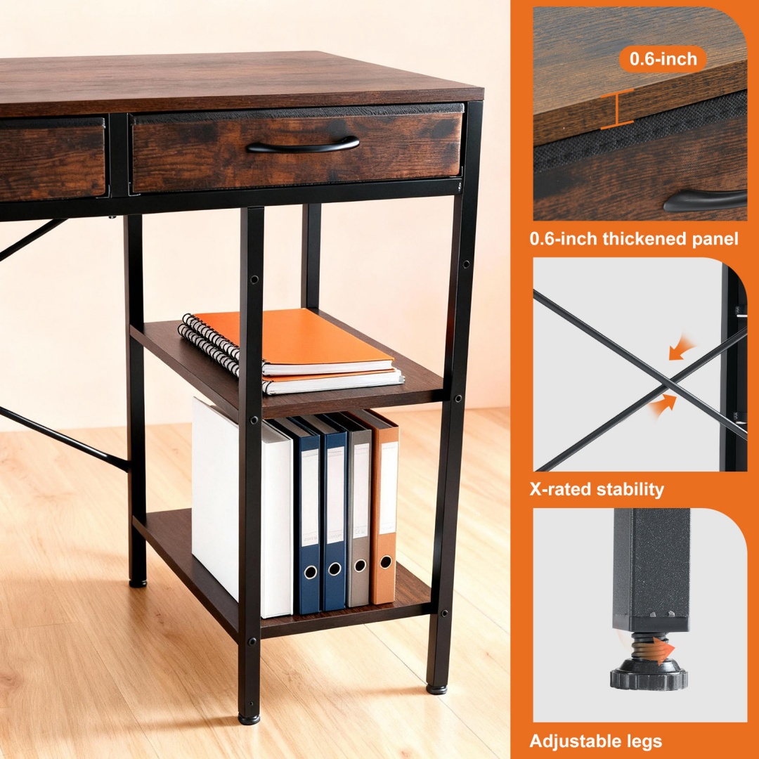 55" Computer Desk with 6 Drawers, Adjustable Shelves, Sturdy Metal Frame, view 5