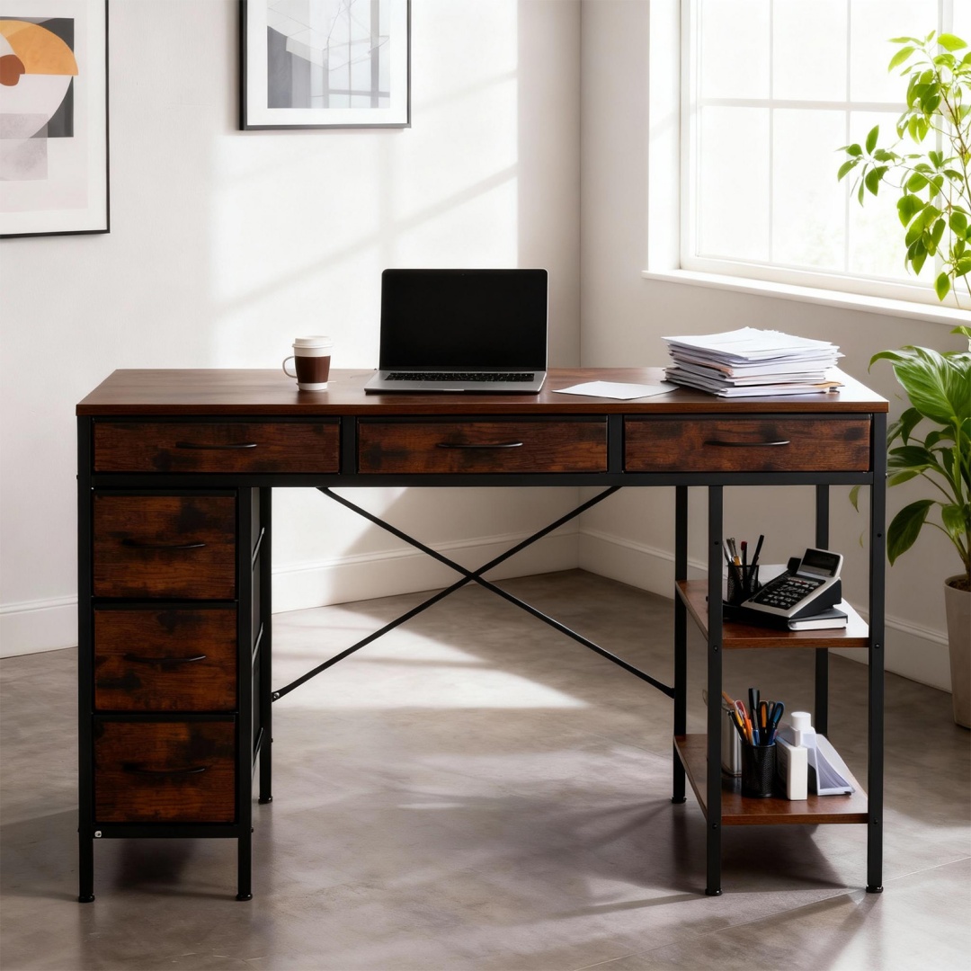 55" Computer Desk with 6 Drawers, Adjustable Shelves, Sturdy Metal Frame, view 7