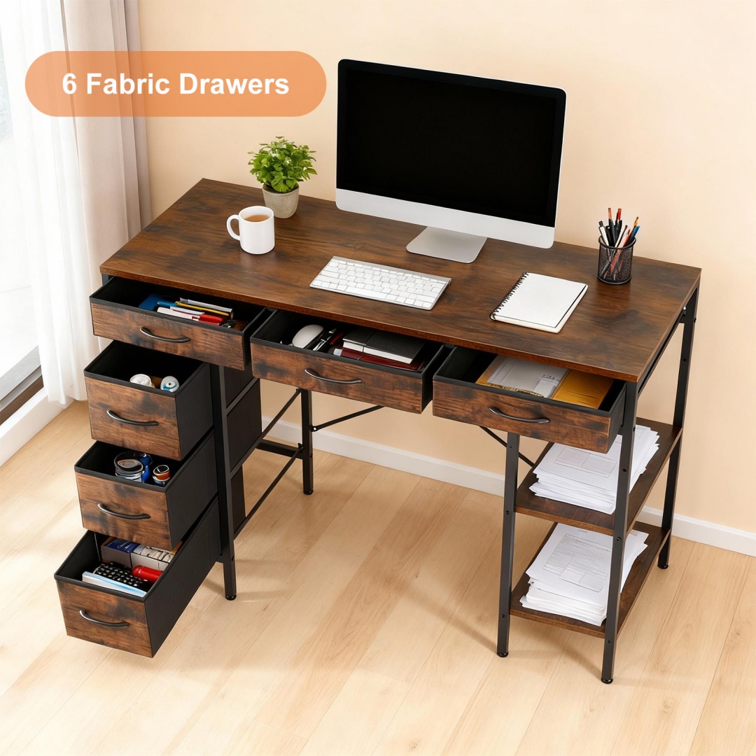 55" Computer Desk with 6 Drawers, Adjustable Shelves, Sturdy Metal Frame