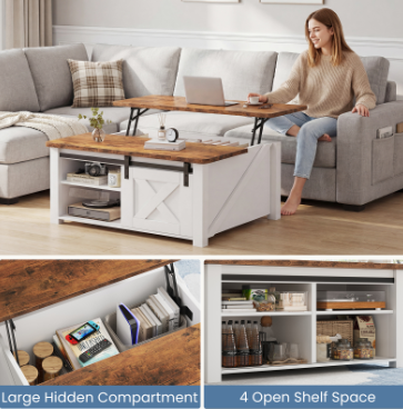 Adjustable Height Coffee Table With Storage Shelves – White Or Black