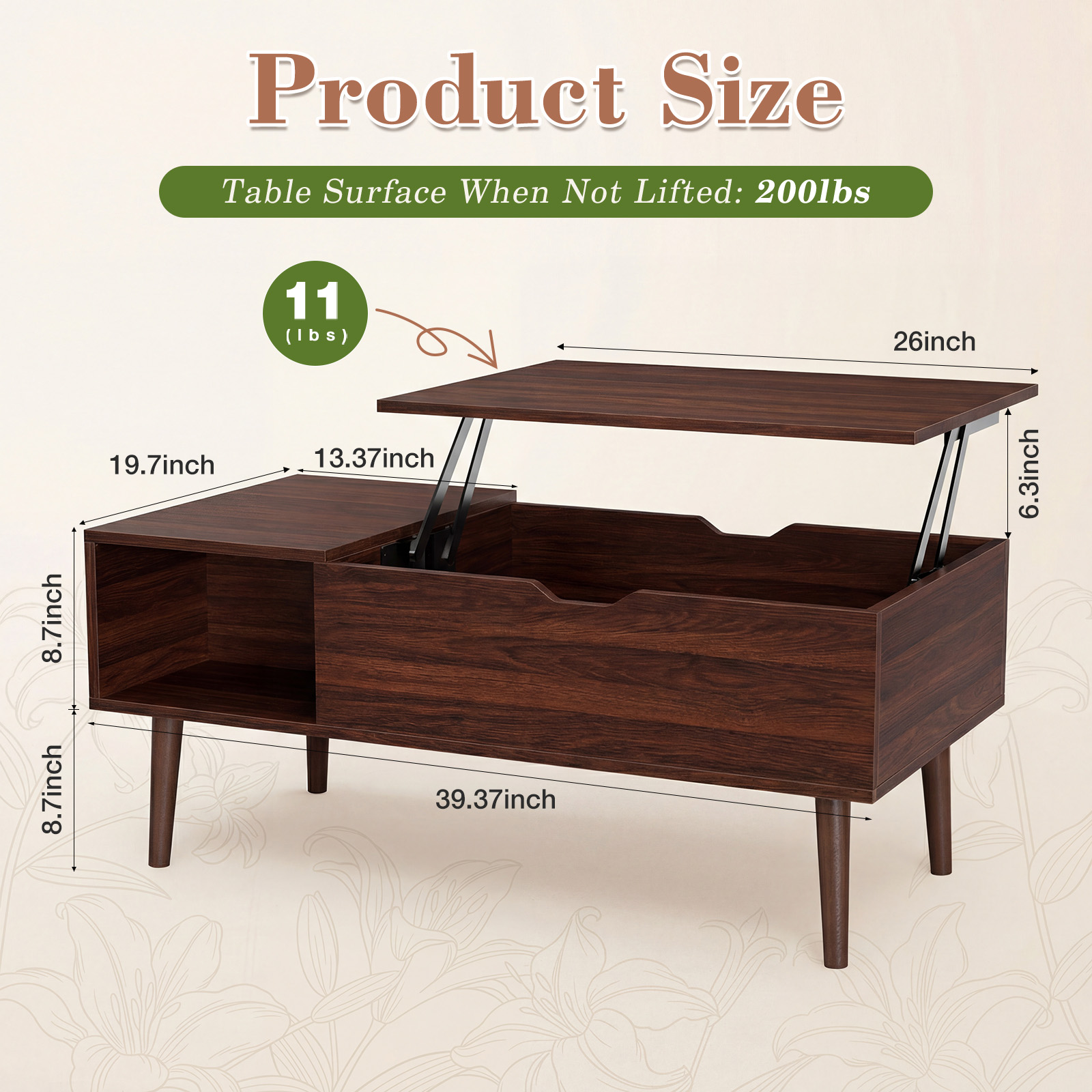 Lift Tabletop Coffee Table with Hidden Storage – Height‑Adjustable Design, view 2