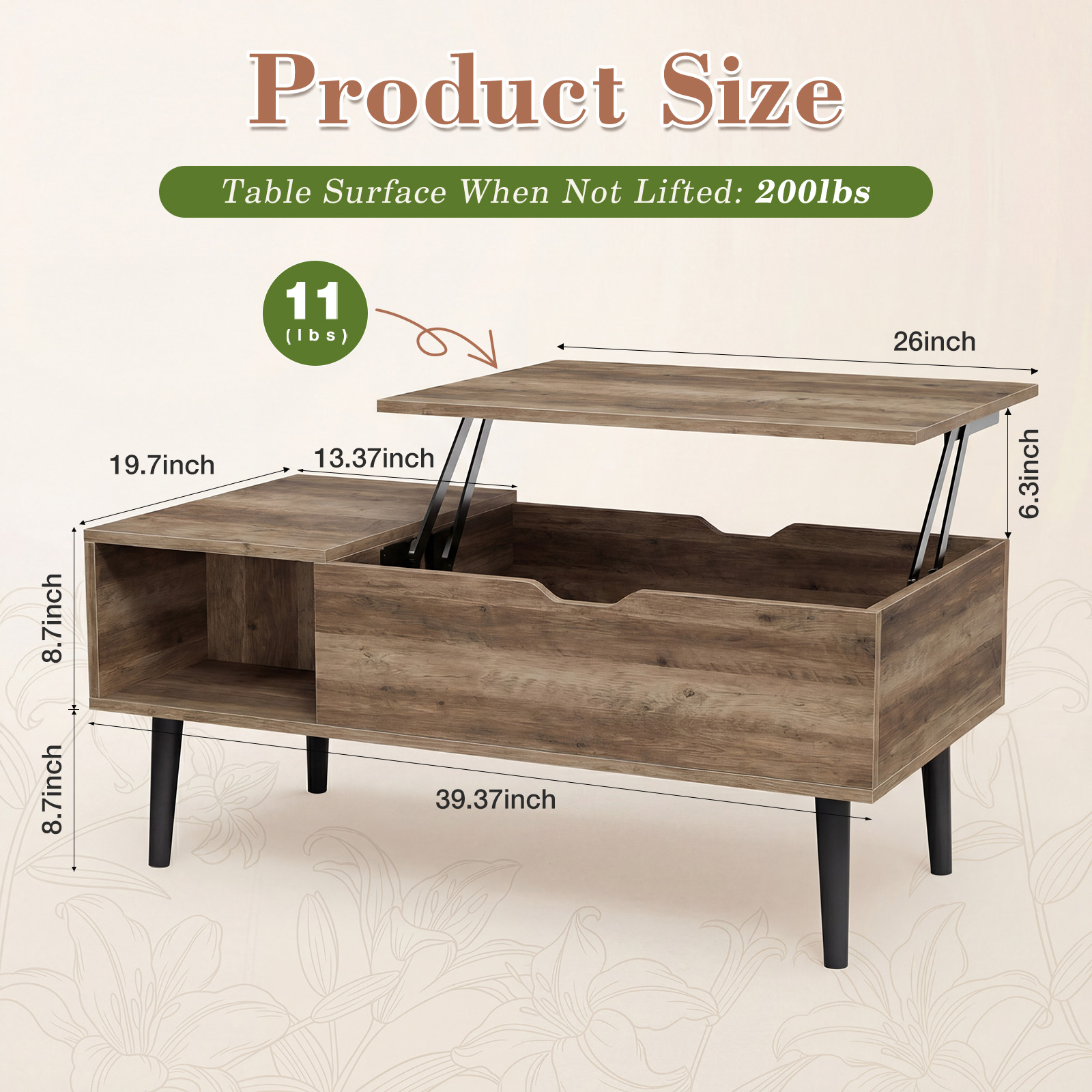 Lift Tabletop Coffee Table with Hidden Storage – Height‑Adjustable Design, view 4