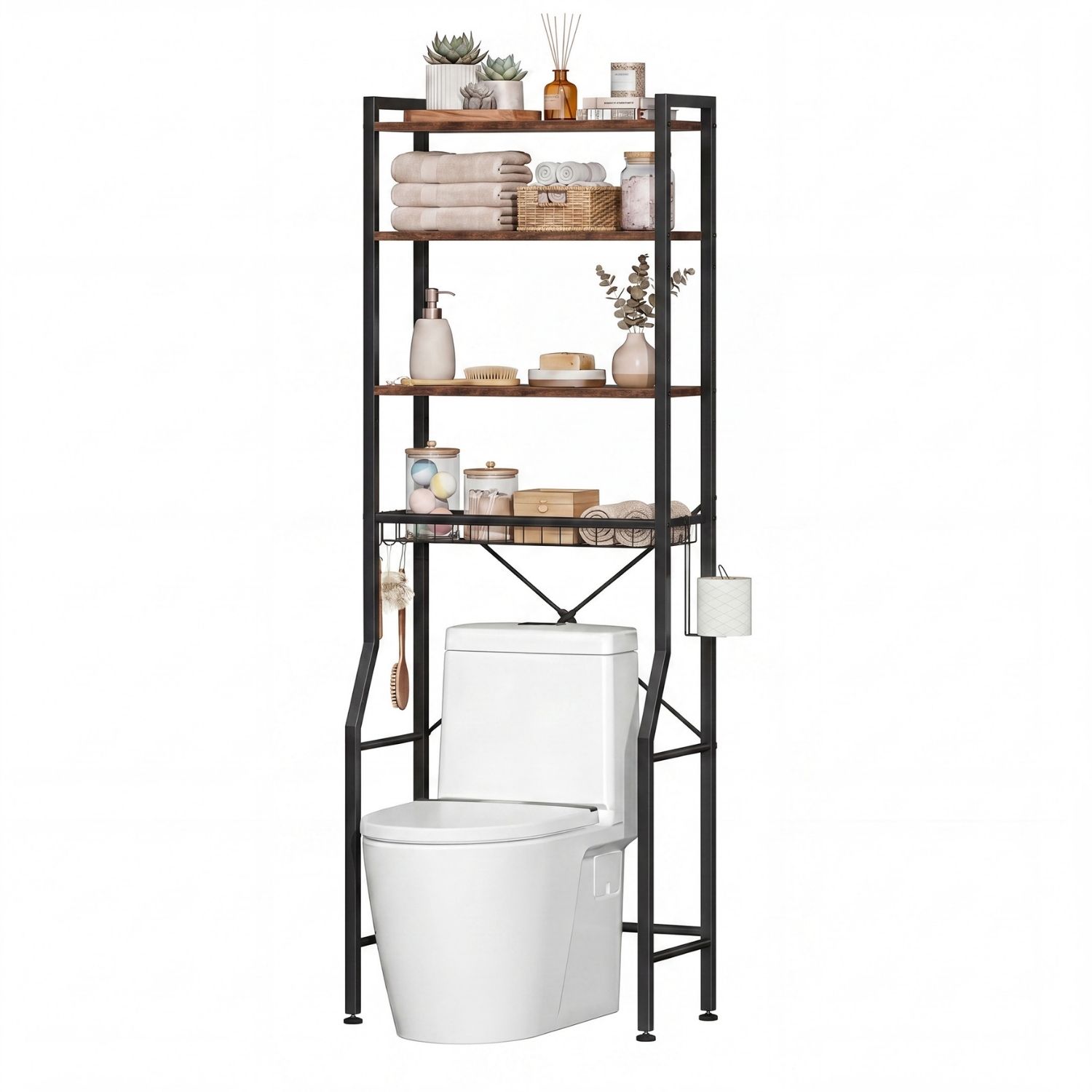 68" Over‑Toilet Bathroom Storage Rack – Iron & Wood, Anti‑Tip, Adjustable Shelves
