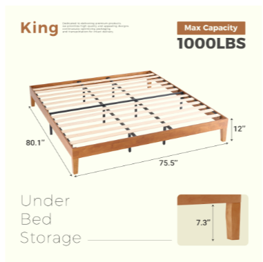 Solid Wood Platform Bed Frame – Queen, No Box Spring, Noise‑Free, view 2