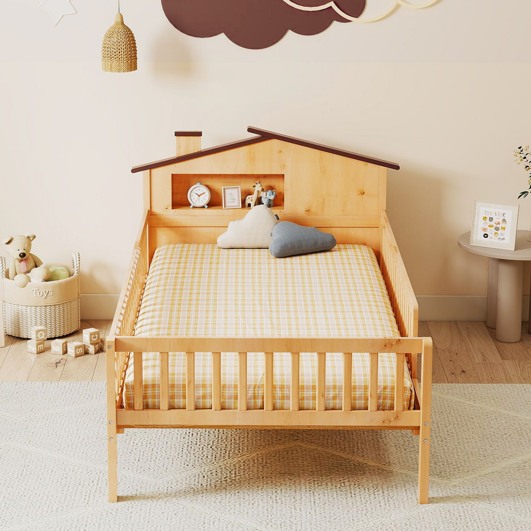Twin Kids Bed with Under‑Bed Storage, Headboard Shelf & Guardrails
