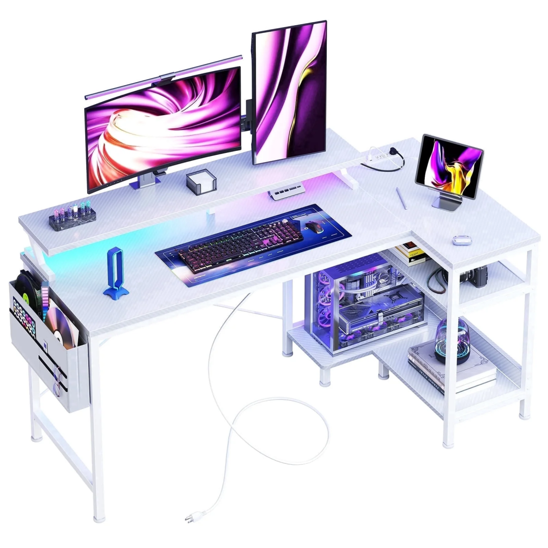 L-Shaped Gaming Desk with Power Outlets, LED Strip & PC Tower Shelf