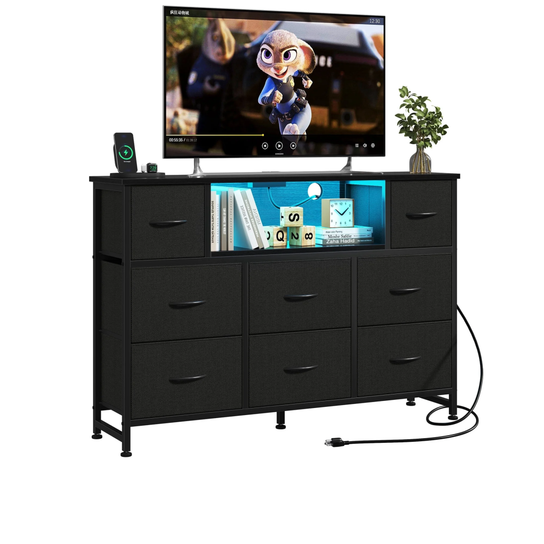 47-Inch LED TV Stand Dresser, 8 Fabric Drawers With Power Outlet & USB, view 3