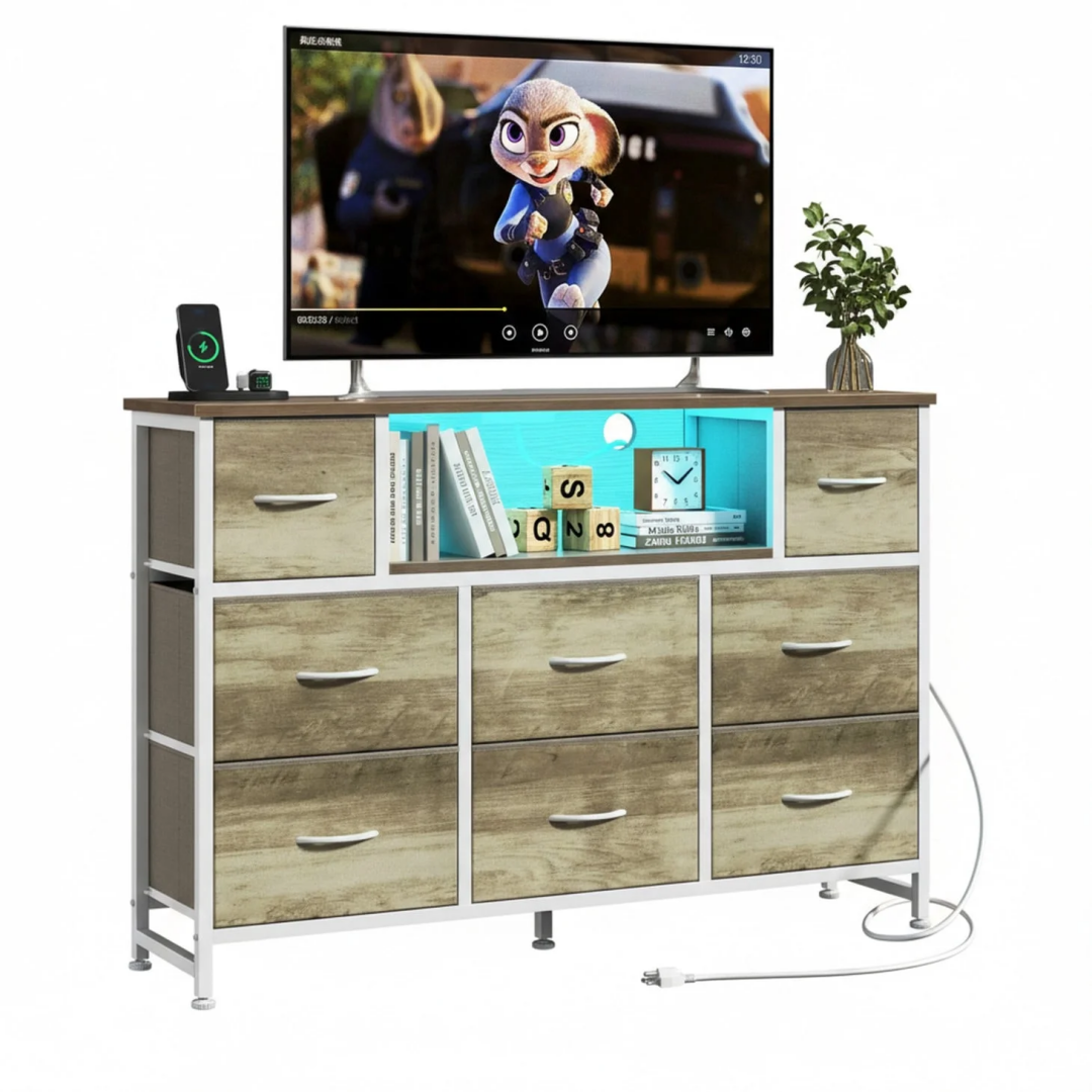 47-Inch LED TV Stand Dresser, 8 Fabric Drawers With Power Outlet & USB