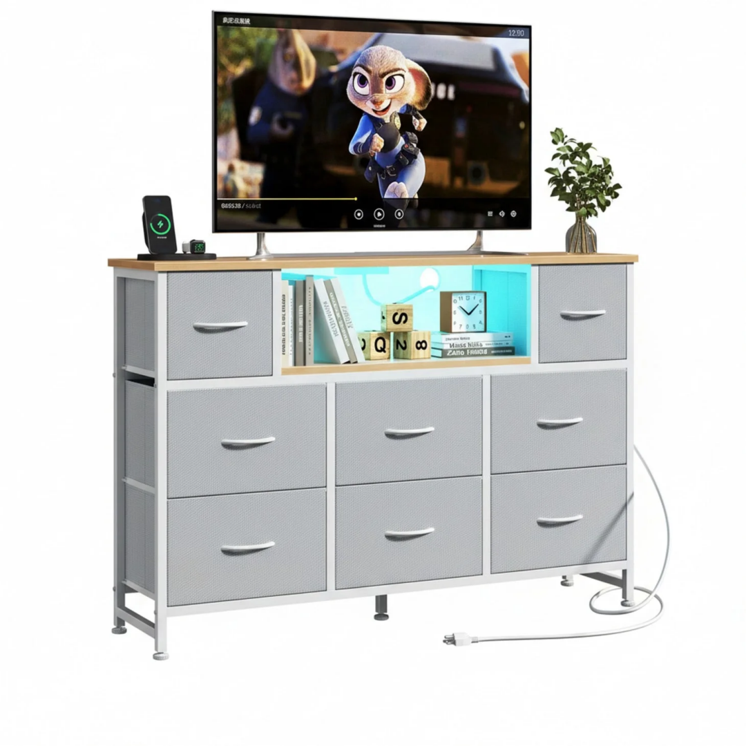 47-Inch LED TV Stand Dresser, 8 Fabric Drawers With Power Outlet & USB, view 5