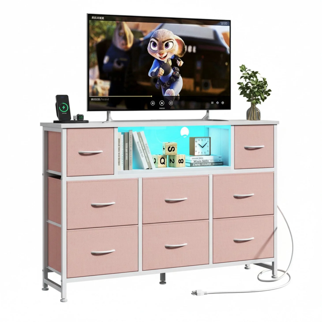 47-Inch LED TV Stand Dresser, 8 Fabric Drawers With Power Outlet & USB, view 2