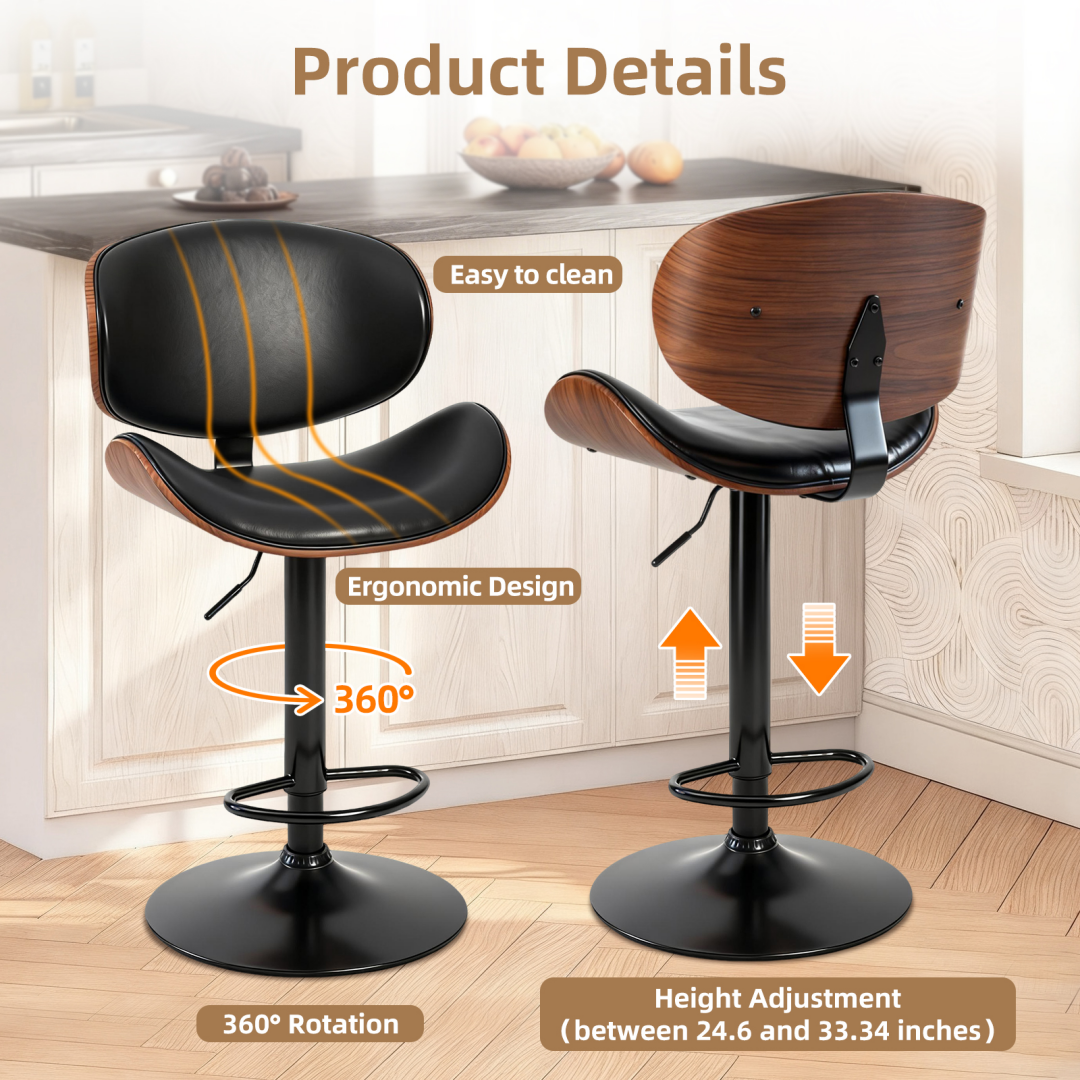 2‑Piece Swivel Bar Stools With Adjustable Height, PU Leather, Backrest & Footrest, view 3