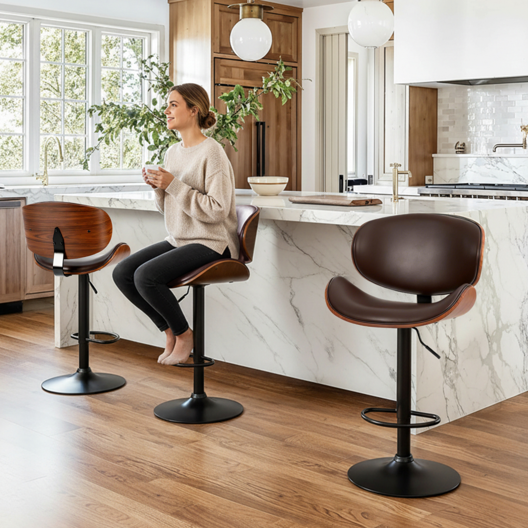 2‑Piece Swivel Bar Stools With Adjustable Height, PU Leather, Backrest & Footrest, view 2
