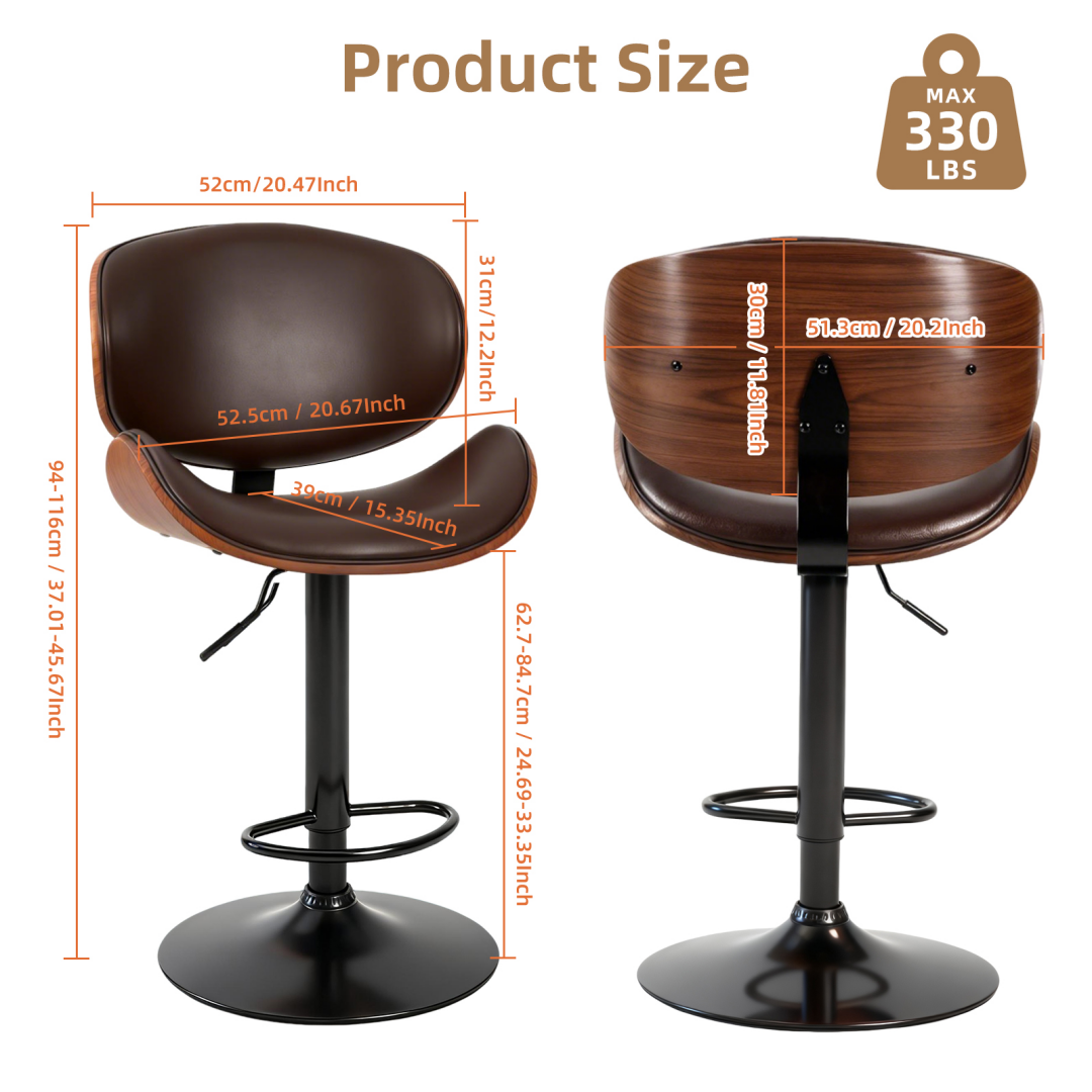 2‑Piece Swivel Bar Stools With Adjustable Height, PU Leather, Backrest & Footrest, view 7