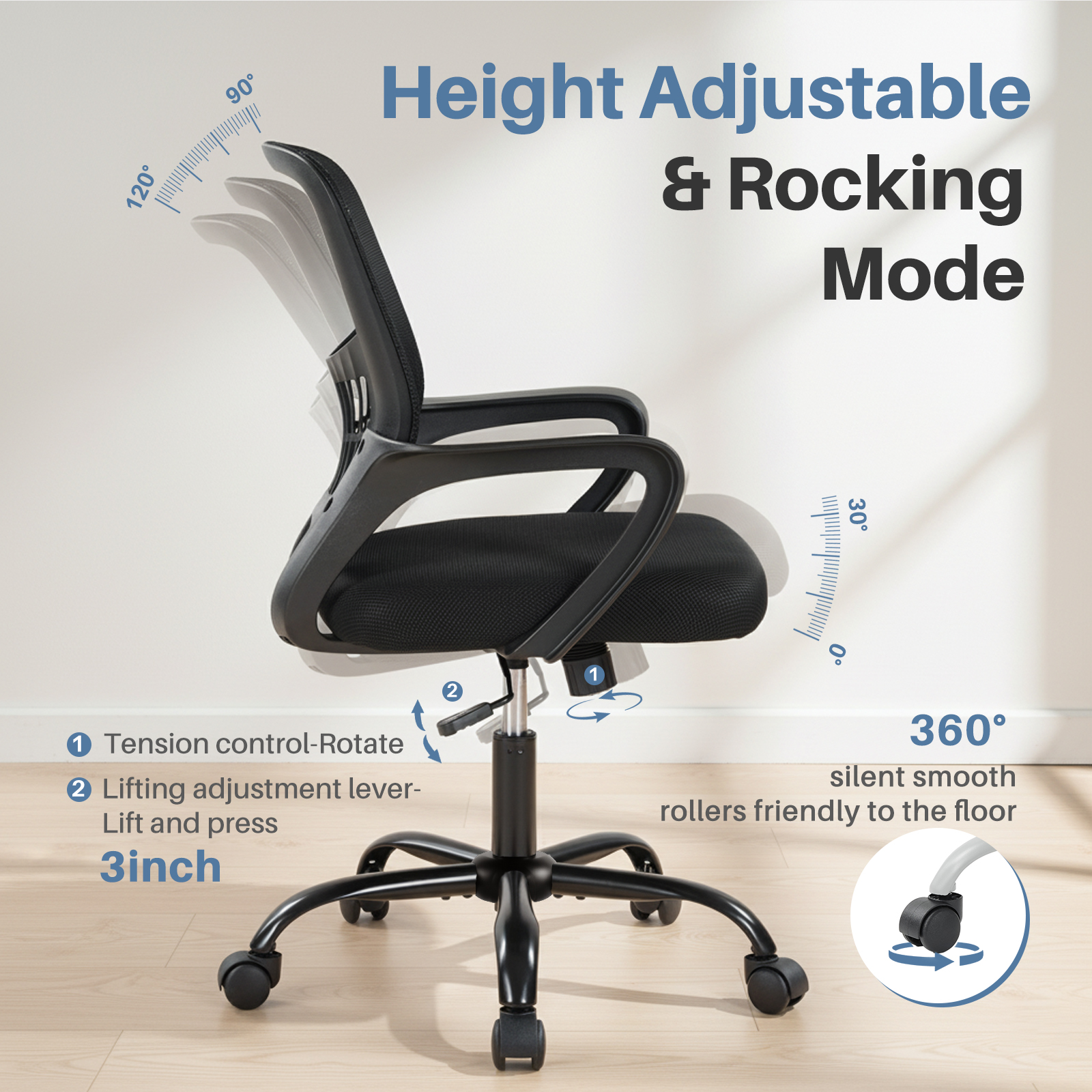 Ergonomic Office Chair with Height Adjustment, 360° Swivel, Recline, Footrest, view 4