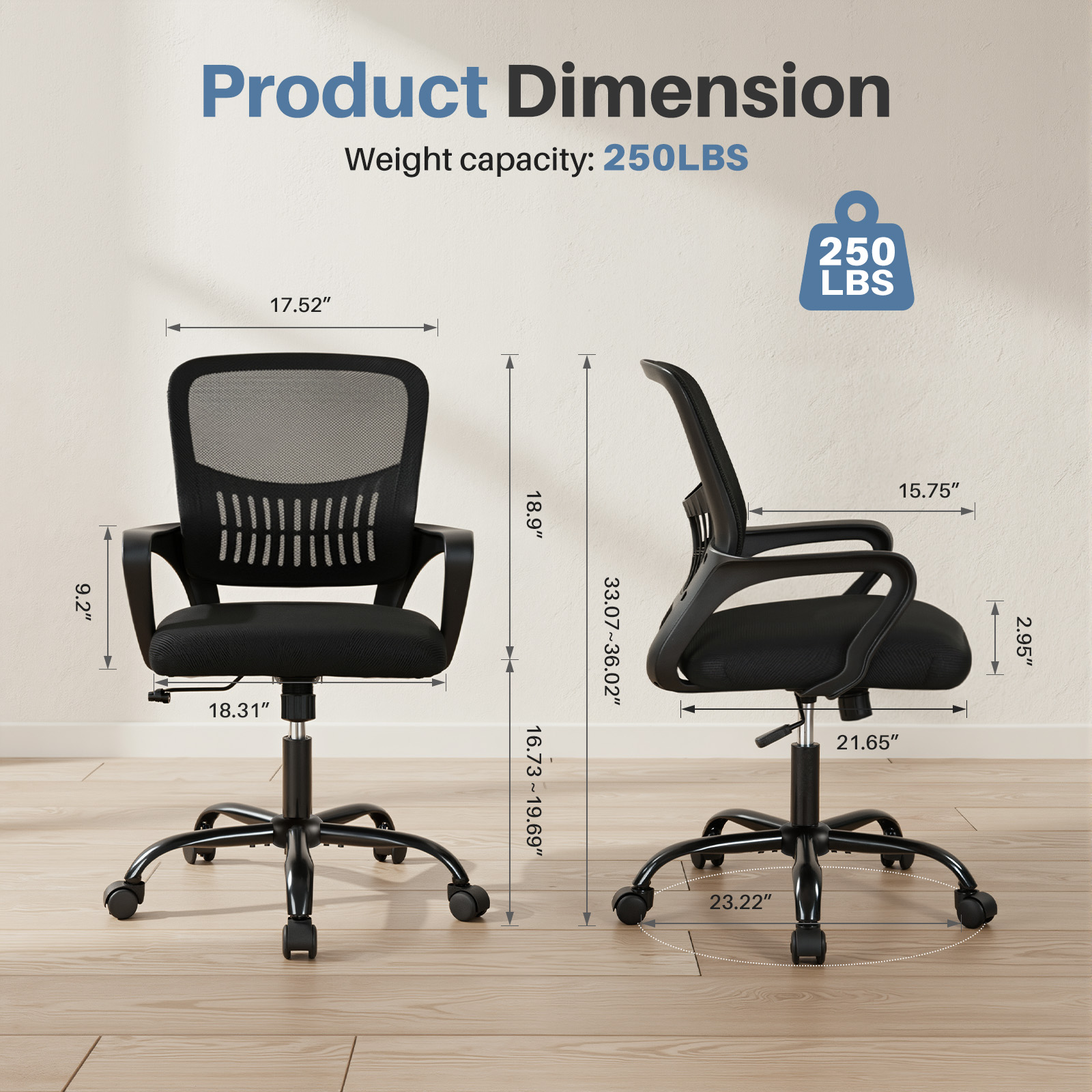 Ergonomic Office Chair with Height Adjustment, 360° Swivel, Recline, Footrest, view 8