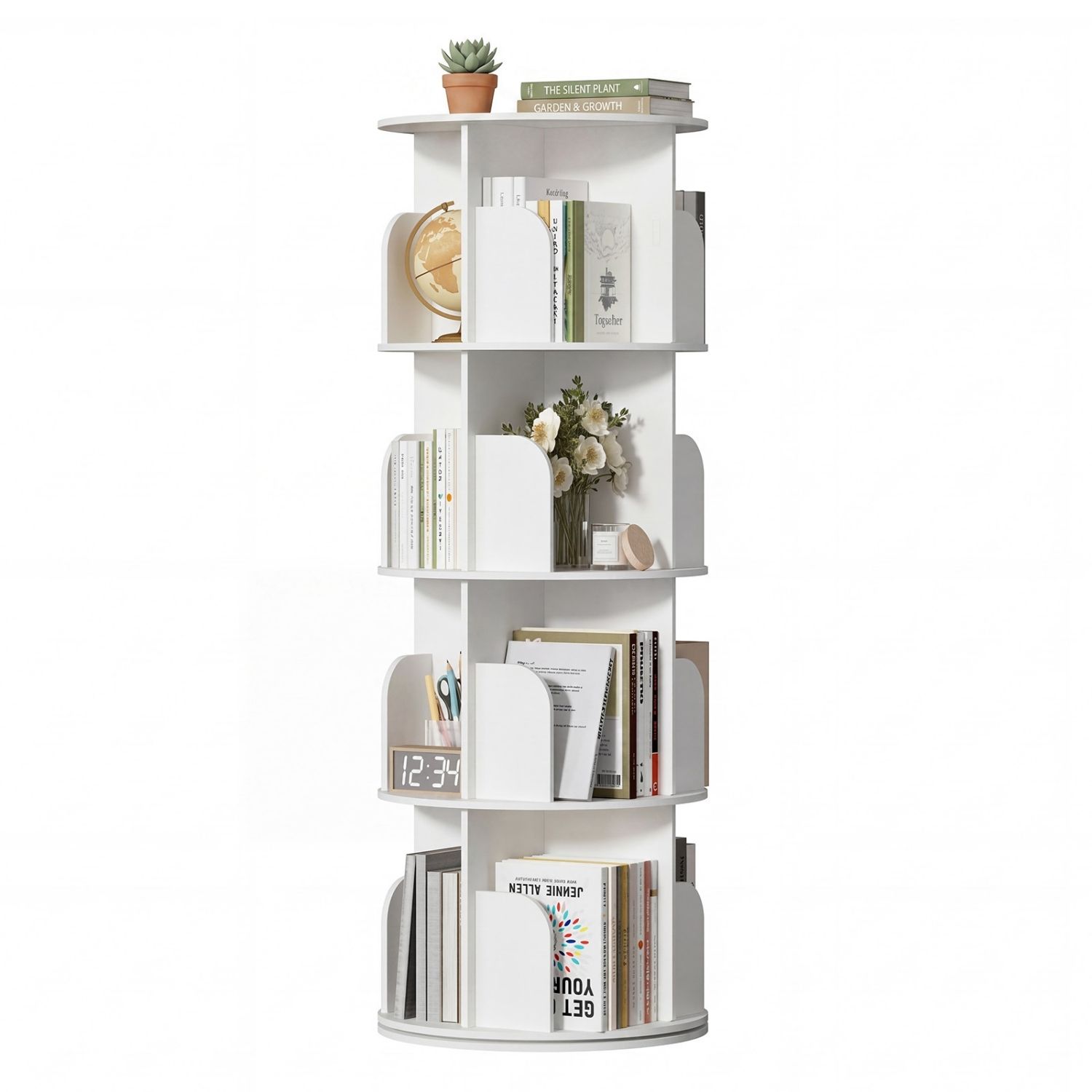 White Rotating Bookshelf Tower – 360° Access, 3‑/4‑Shelf Vertical Storage, view 2