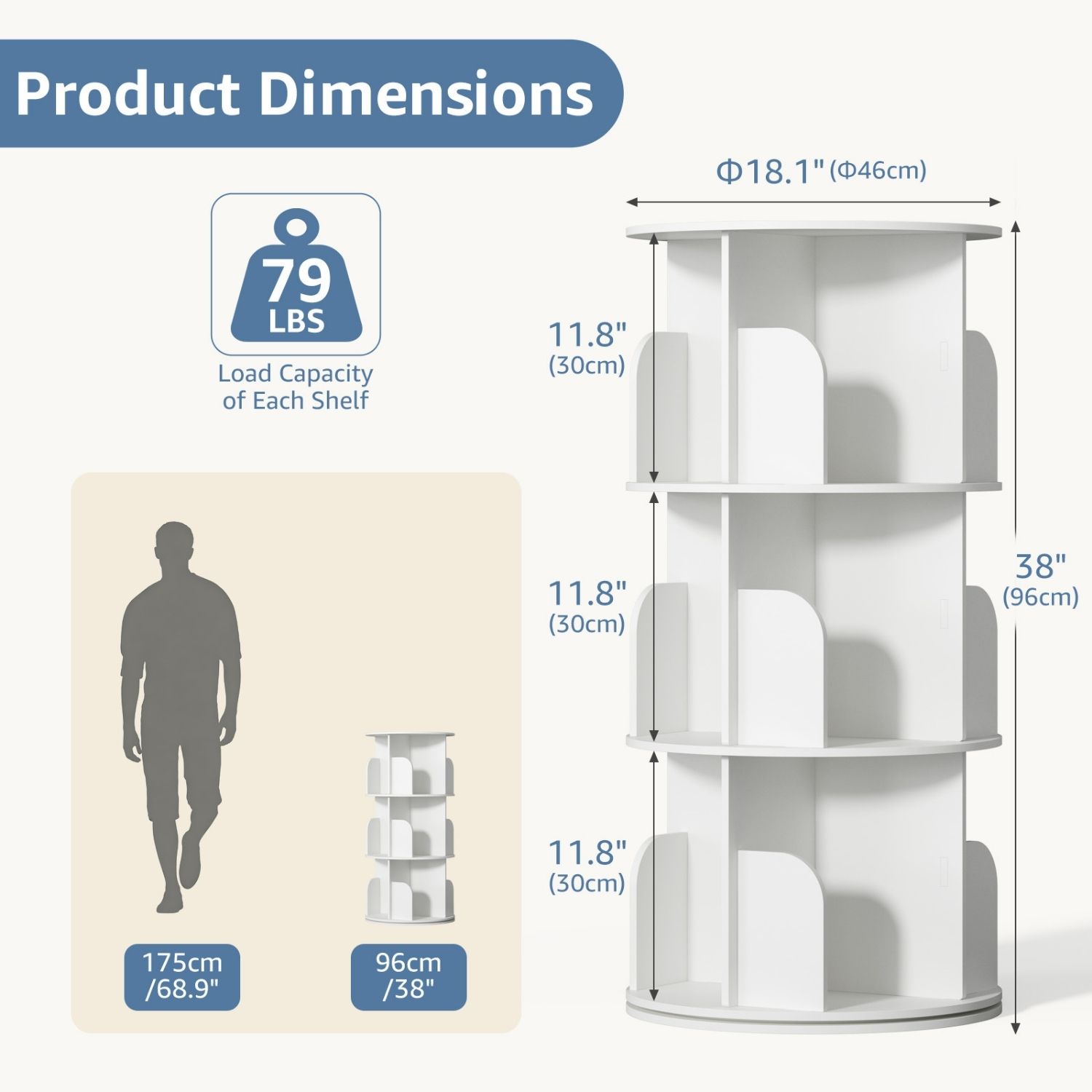 White Rotating Bookshelf Tower – 360° Access, 3‑/4‑Shelf Vertical Storage, view 3