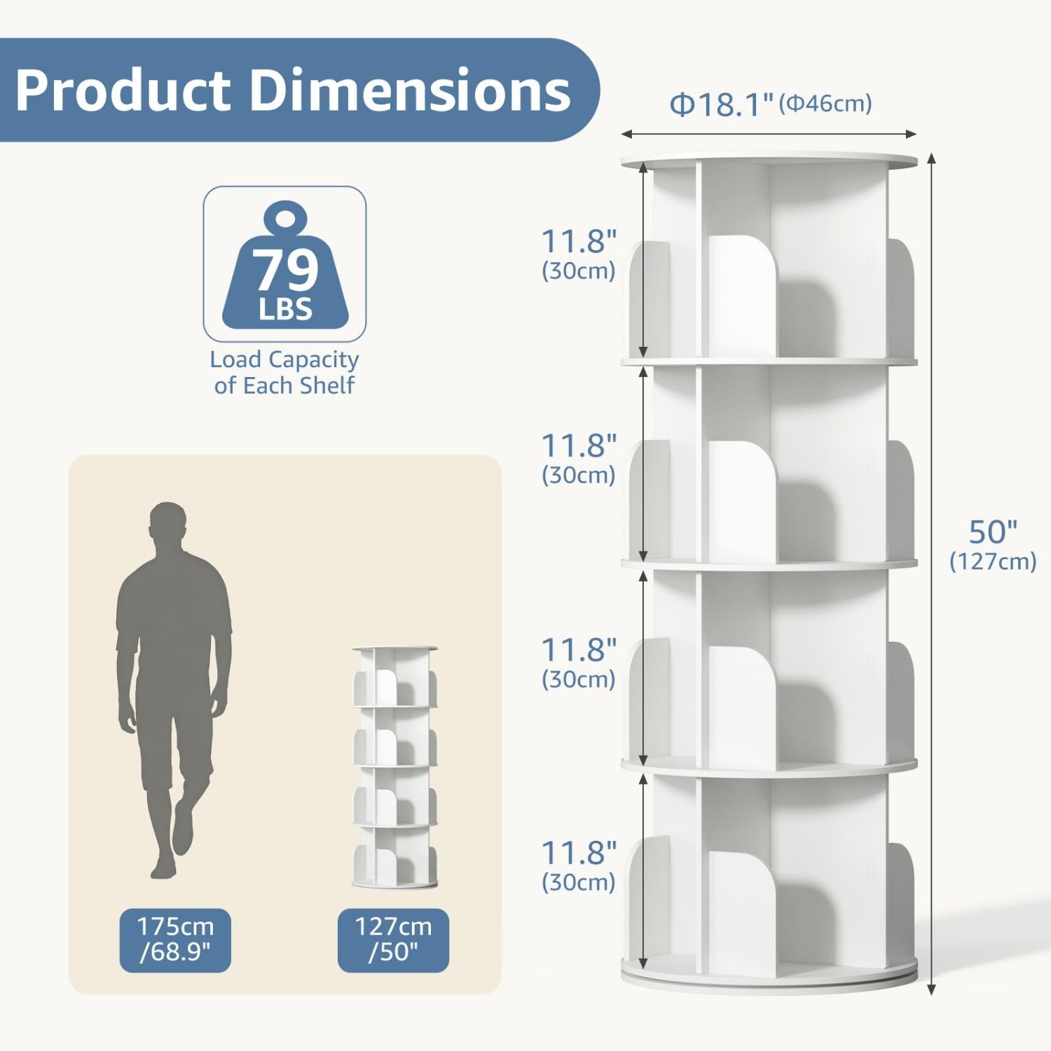 White Rotating Bookshelf Tower – 360° Access, 3‑/4‑Shelf Vertical Storage, view 4