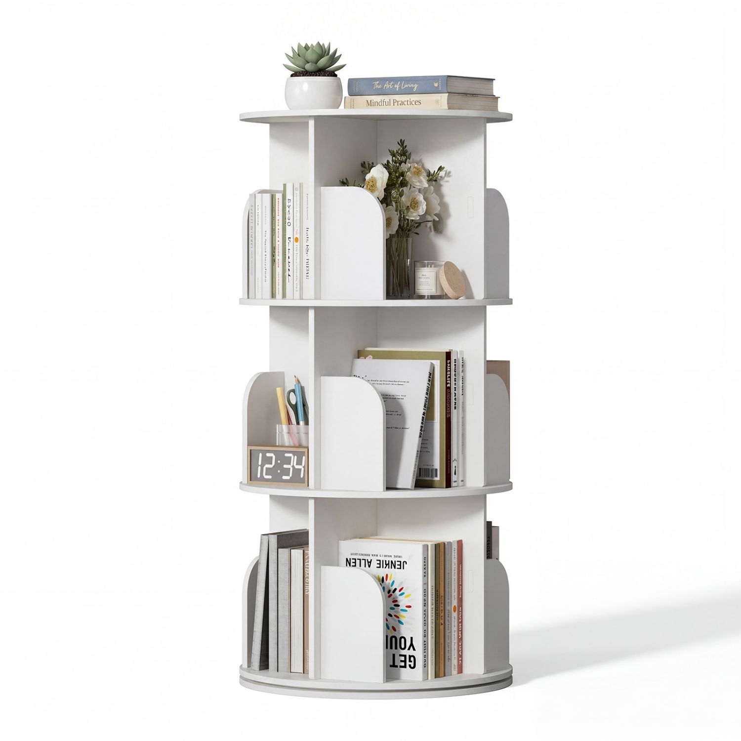 White Rotating Bookshelf Tower – 360° Access, 3‑/4‑Shelf Vertical Storage