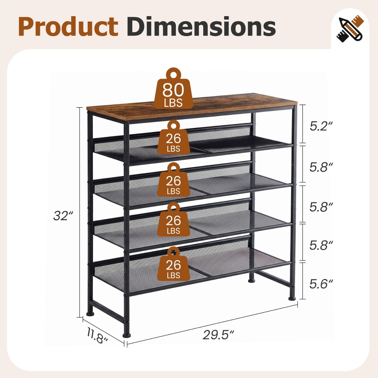 Industrial 5‑Tier Shoe Rack – Solid Wood Top, Adjustable Mesh Shelves, Leveling Feet, view 4