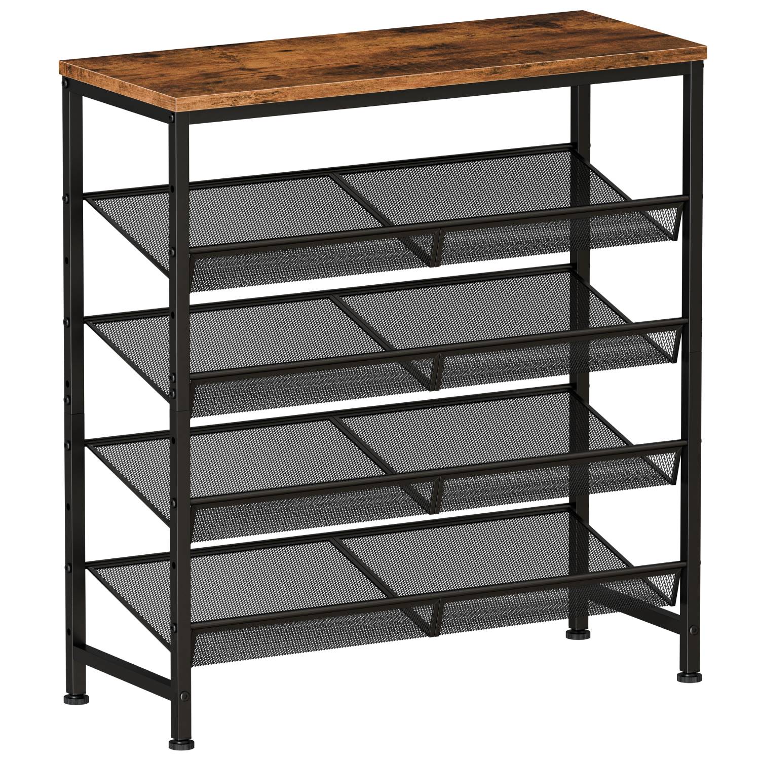 Industrial 5‑Tier Shoe Rack – Solid Wood Top, Adjustable Mesh Shelves, Leveling Feet