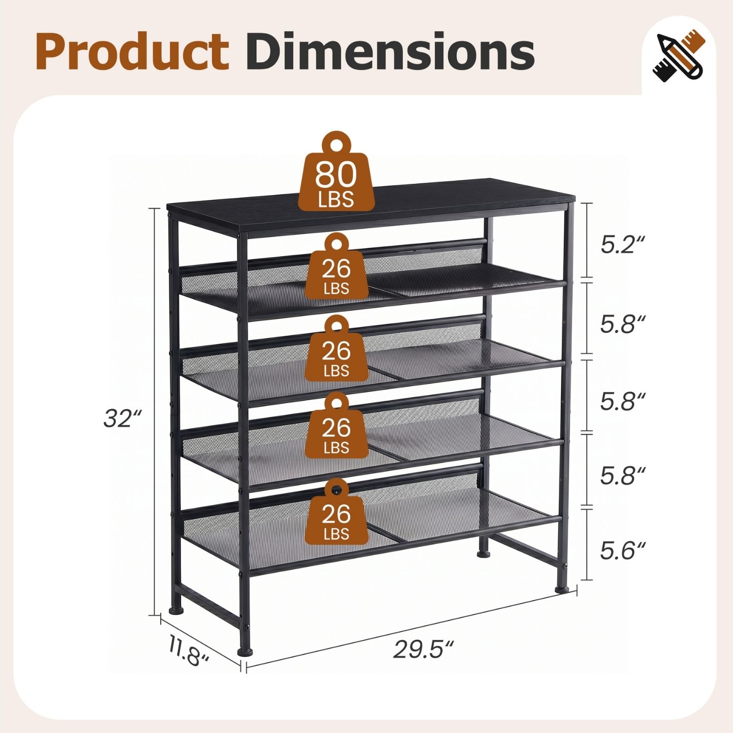 Industrial 5‑Tier Shoe Rack – Solid Wood Top, Adjustable Mesh Shelves, Leveling Feet, view 5