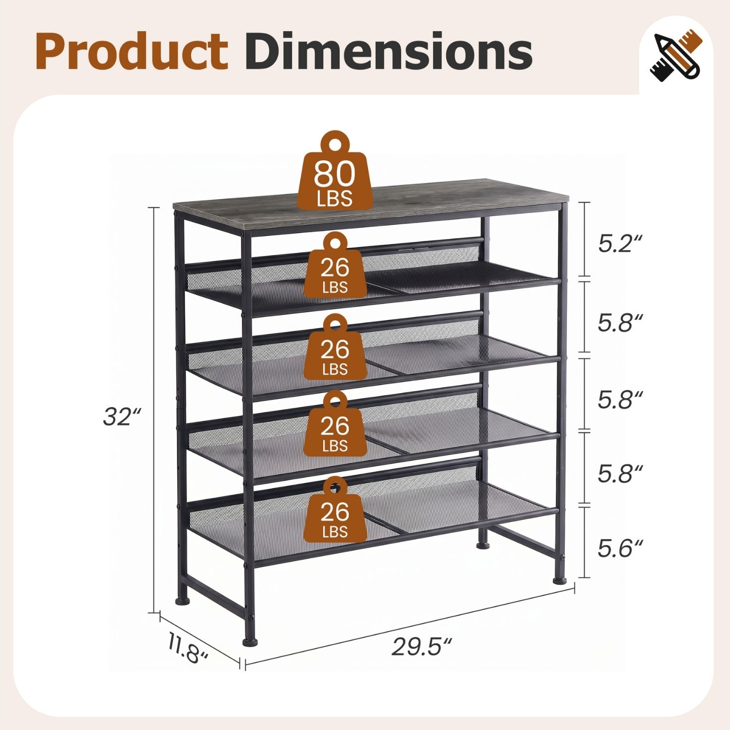 Industrial 5‑Tier Shoe Rack – Solid Wood Top, Adjustable Mesh Shelves, Leveling Feet, view 6
